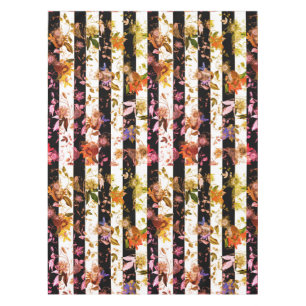 Maximalist Colourful Flowers Black White Stripe Tablecloth