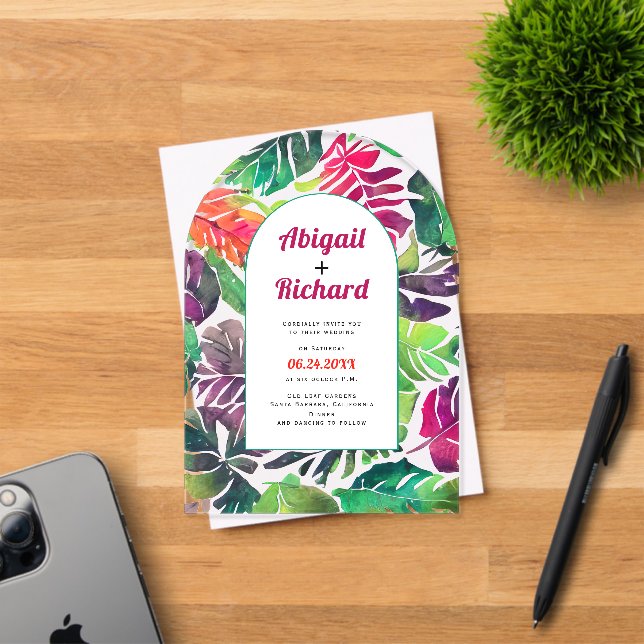 Maximalist colourful tropical leaves arch wedding acrylic invitations (Insitu (Invitation Card))