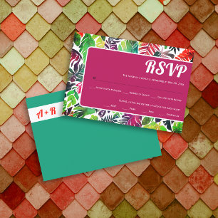 Maximalist colourful tropical leaves frame wedding RSVP card