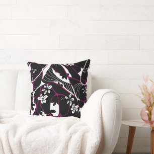 Maximalist Floral Neuro Art - Black White Magenta Throw Pillow
