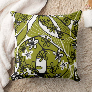 Maximalist Floral Neuro Art - Olive White Throw Pillow