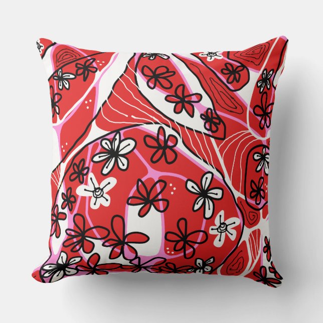 Maximalist Floral Neuro Art - Red Pink  Throw Pillow (Front)