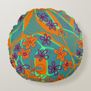 Maximalist Floral Neuro Art - Teal Orange Magenta Round Pillow