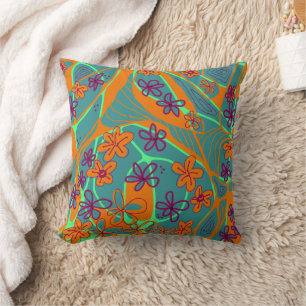 Maximalist Floral Neuro Art - Teal Orange Magenta  Throw Pillow