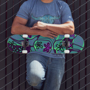 Maximalist Floral Neuro Art - Teal Purple Black Skateboard
