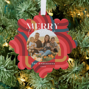 Maximalist Geometric Red Christmas Photo Ornament Card