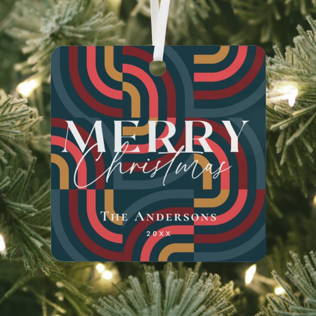 Maximalist Geometric Teal Christmas Photo Metal Ornament (Insitu)