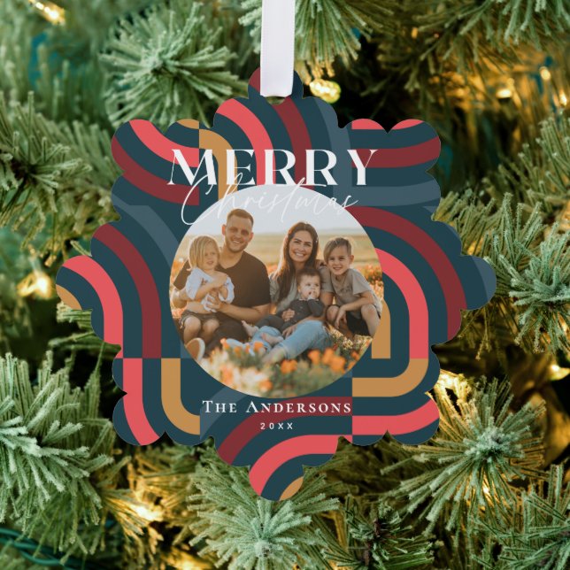 Maximalist Geometric Teal Christmas Photo Ornament Card (Insitu (Tree))