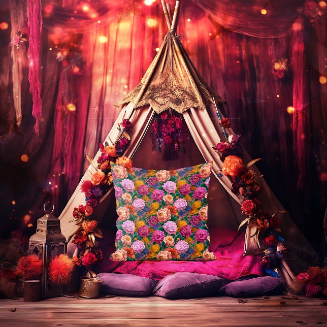 Maximalist Lilac and Peach Blooms on Pink Throw Pillow (Creator Uploaded)