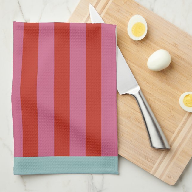 Maximalist Pink & Red Stripe with Turquoise Border Kitchen Towel (Quarter Fold)