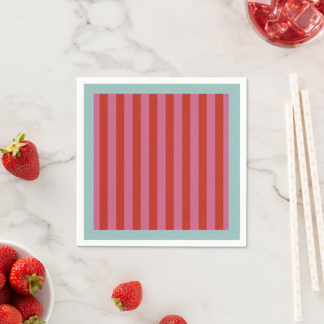 Maximalist Pink & Red Stripe with Turquoise Border Napkin (Insitu)