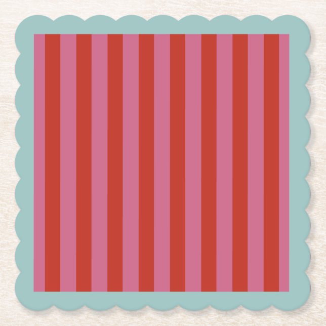Maximalist Pink & Red Stripe with Turquoise Border Paper Coaster (Front)