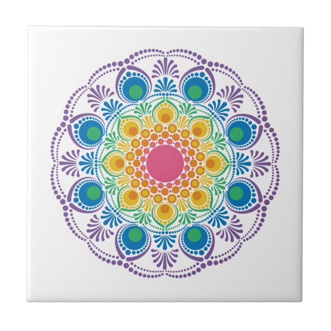 Maximalist Rainbow Floral Fountain Dot Mandala Tile (Front)