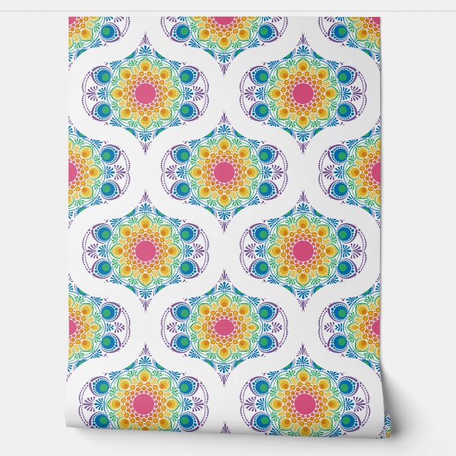 Maximalist Rainbow Floral Fountain Retro Ogee Wallpaper (Unrolling)