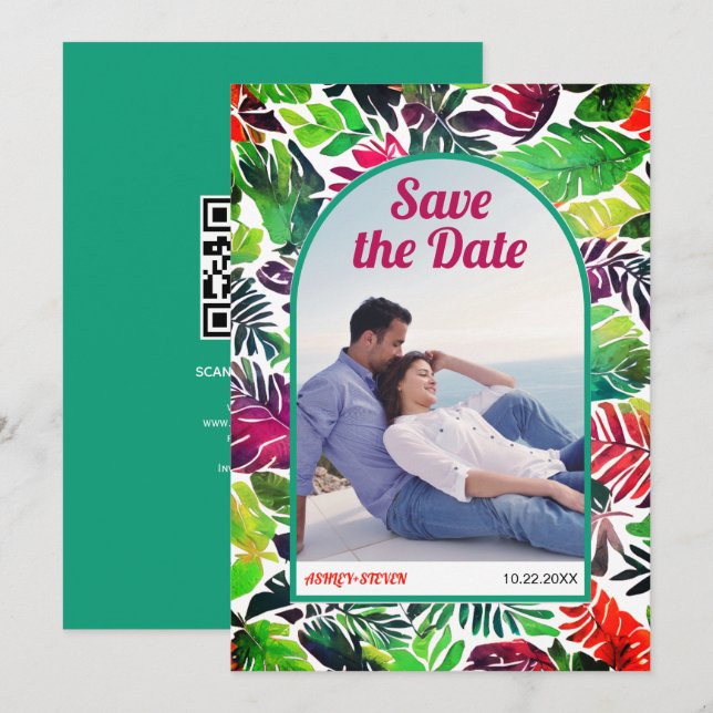 Maximalist tropical leaves boho arch Save the Date (Front/Back)