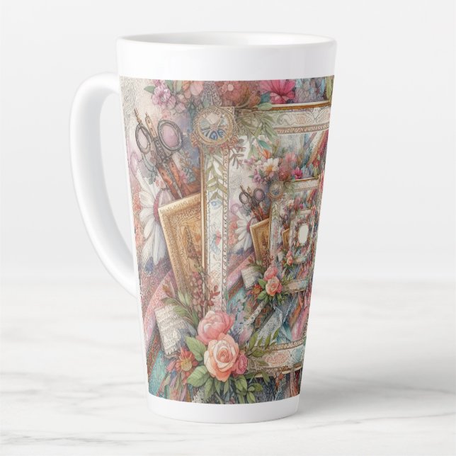 Maximalist Vintage Decoupage Latte Mug (Left Angle)