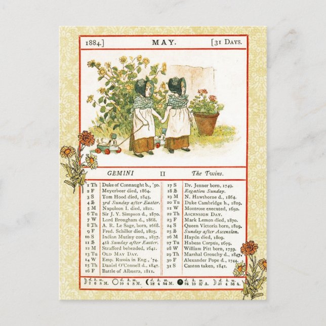May 1884 Almanac.  Gemini, The Twins Postcard (Front)