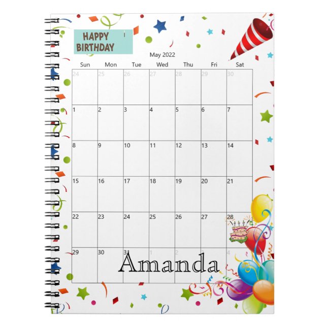 May 2022 Calendar Happy Birthday Notebook (Front)