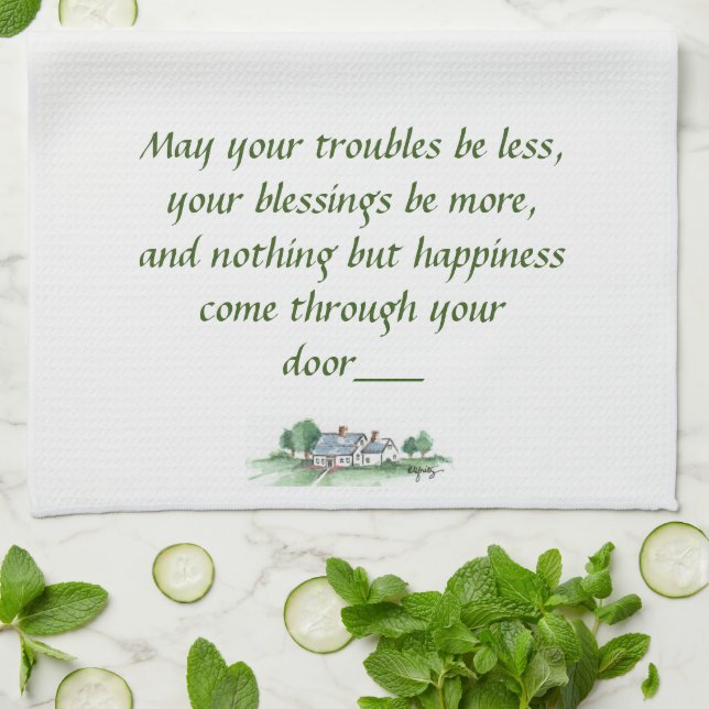 "May All Your Troubles be Less" House sketch  Kitchen Towel (Folded)