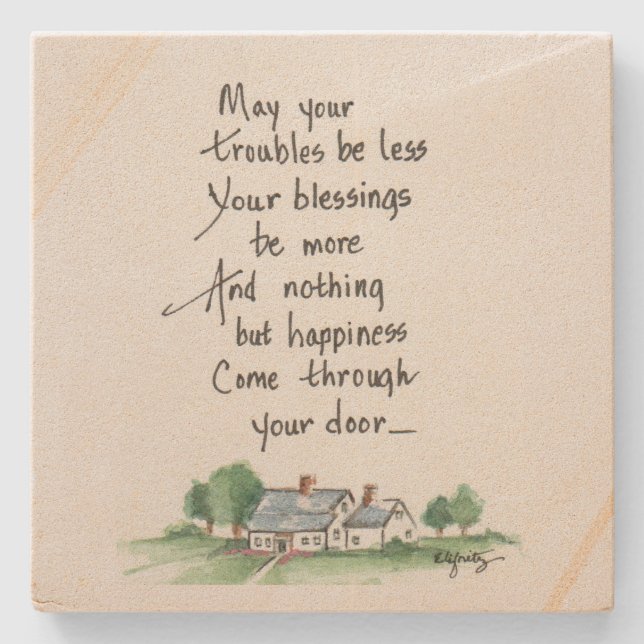 "May All Your Troubles be Less" House sketch Stone Coaster (Front)