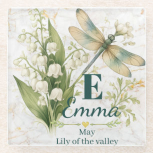 May Birth Flower Lily of the Valley Monogram Drago Glass Coaster