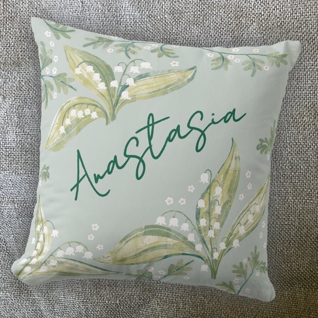 May Birth Month Daffodil Personalized Throw Pillow (May birthday personalized custom name birth month flower lily of the valley hawthorn throw pillow)