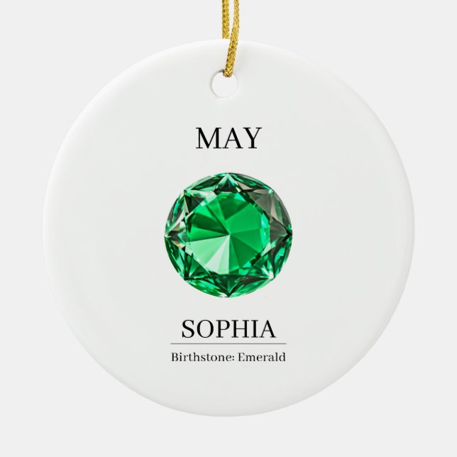 May Birthstone Birthday Name Emerald Ceramic Ornament (Front)