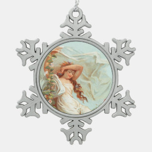 May Christmas be Bright and Happy, Antique Card Snowflake Pewter Christmas Ornament