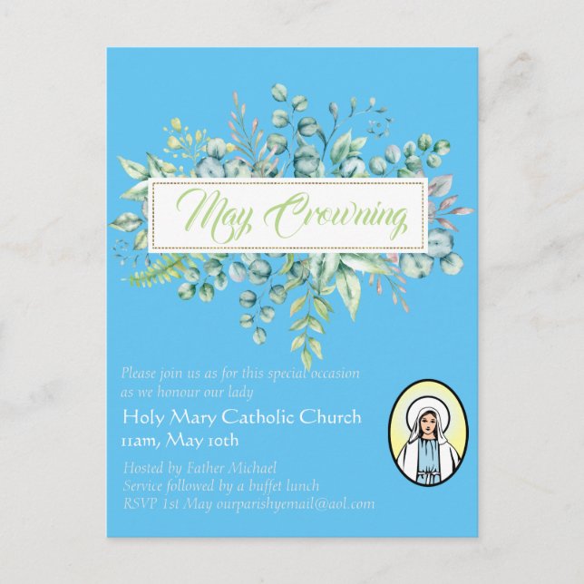 May Crowning Invites Virgin Mary Catholic Invites Postcard (Front)
