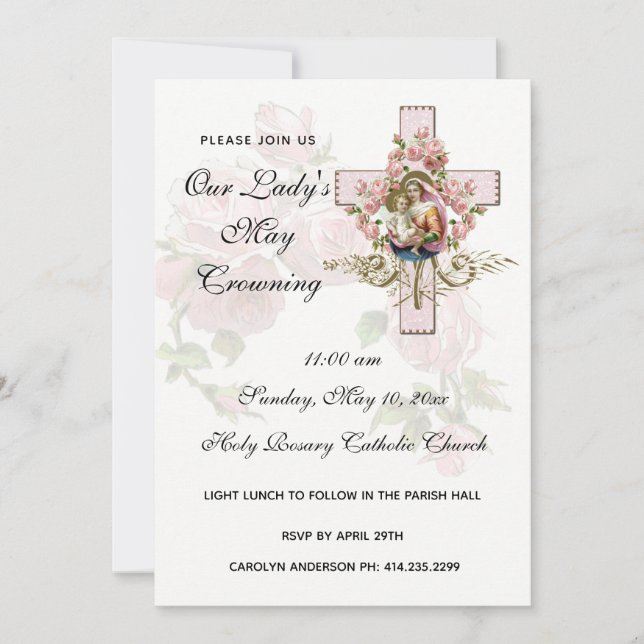 May Crowning Virgin Mary Religious Pink Roses Invi Invitation (Front)