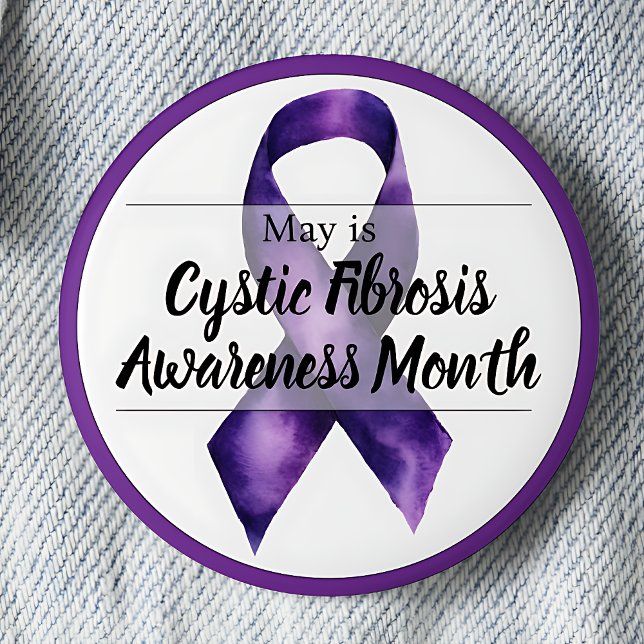 May Cystic Fibrosis Awareness Month 2 Inch Round Button (Purple ribbon May Cystic Fibrosis Awareness Month pinback button.)