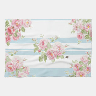 May Day Summer Roses aqua stripe Kitchen Towel