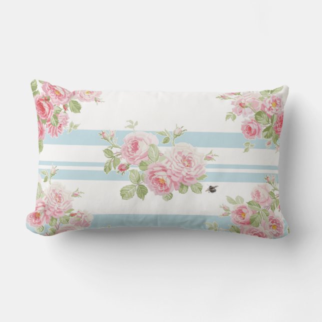 May Day Summer Roses aqua stripe pillow (Front)