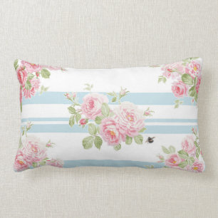May Day Summer Roses aqua stripe pillow