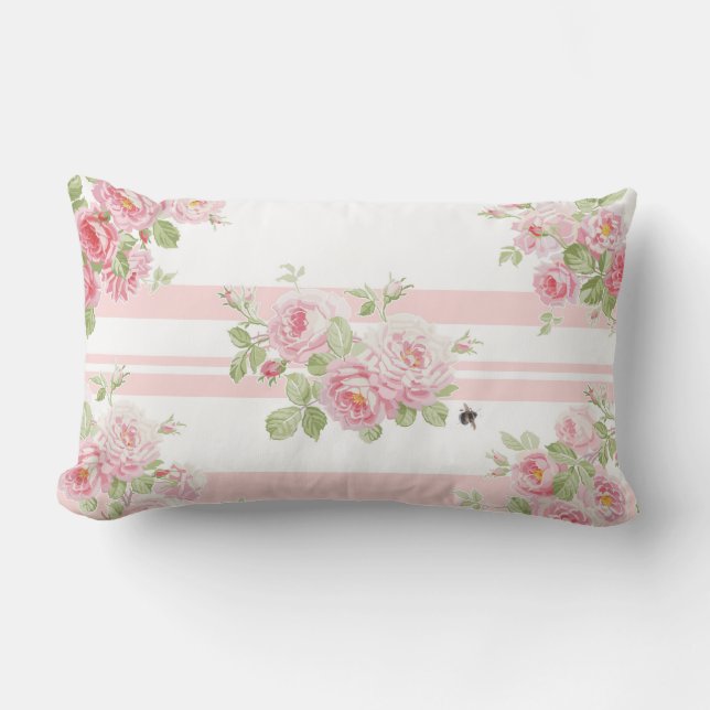 May Day Summer Roses peony stripe Lumbar Pillow (Front)