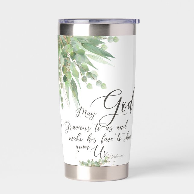 May God be gracious, green and gold leaves  Insulated Tumbler (Left)