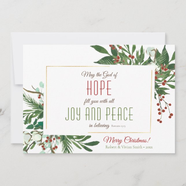 May God Fill you with Joy & Peace Cotton Greenery Holiday Card (Front)