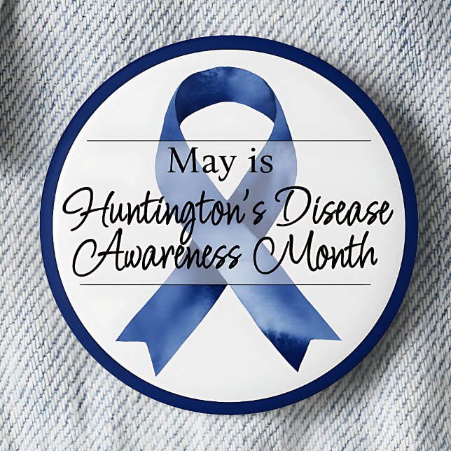 May Huntington's Disease Awareness Month 2 Inch Round Button (May is Huntington's Disease Awareness Month Blue Awareness Ribbon pinback button.)