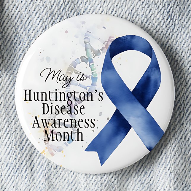May Huntington's Disease Awareness Month - DNA 2 Inch Round Button (May is Huntington's Disease Awareness month, awareness blue ribbon, DNA strand, pinback button.)
