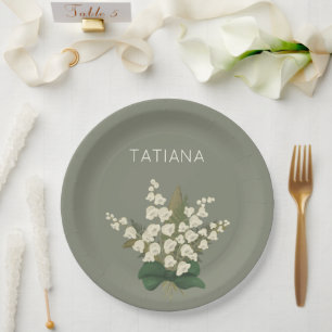 May Lily of the Valley Floral Bouquet Custom Name  Paper Plate