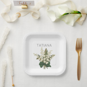May Lily of the Valley Floral Bouquet Custom Name  Paper Plate