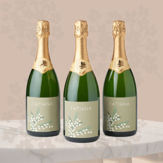 May Lily of the Valley Floral Bouquet Custom Name Sparkling Wine Label