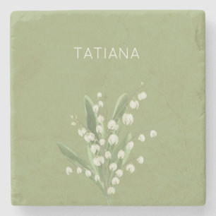 May Lily of the Valley Floral Bouquet Custom Name Stone Coaster
