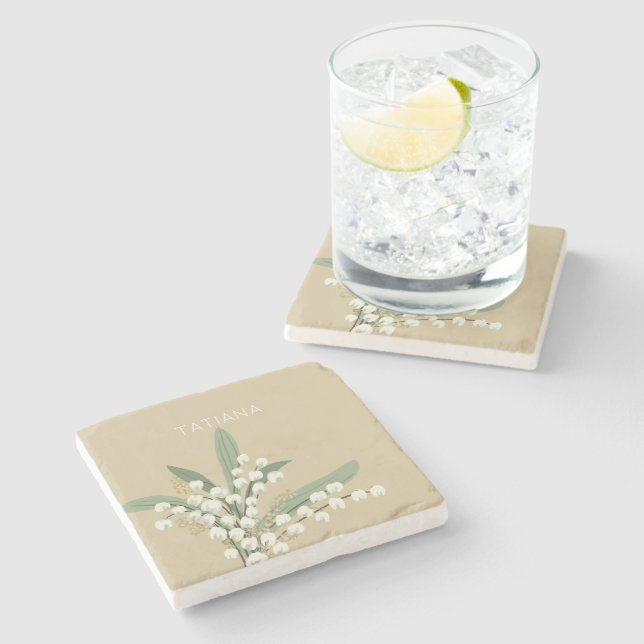 May Lily of the Valley Floral Bouquet Custom Name Stone Coaster (Side)