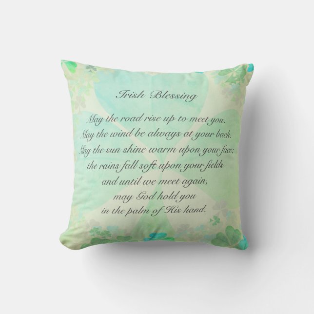 "May the road rise up to meet you" Aged Shamrock Throw Pillow (Front)