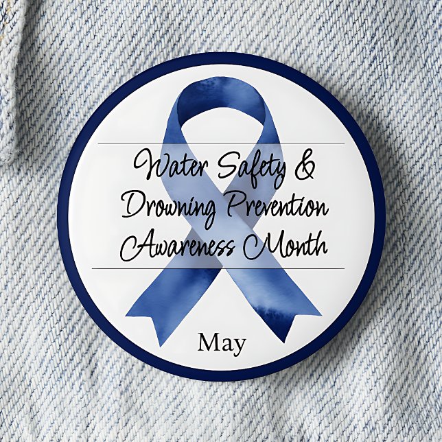 May Water Safety & Drowning Prevention Awareness 2 Inch Round Button (Water Safety & Drowning Prevention Awareness Month.   May.  Blue awareness ribbon.)