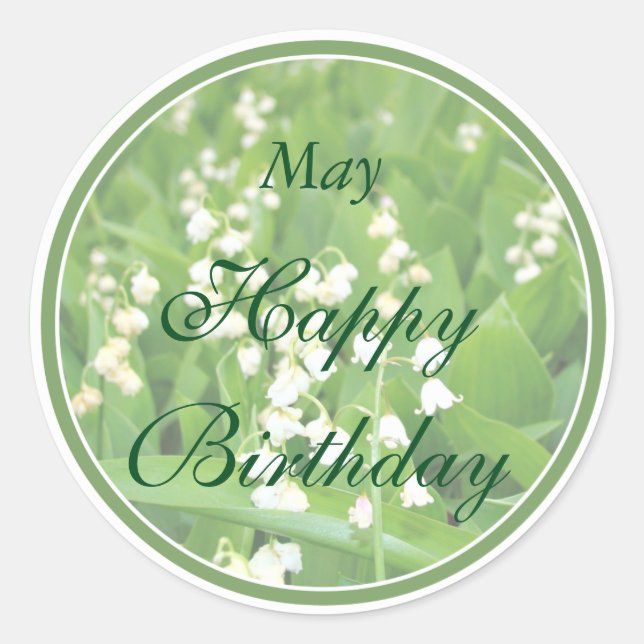 May White Lily of the Valley Birthday Classic Round Sticker (Front)