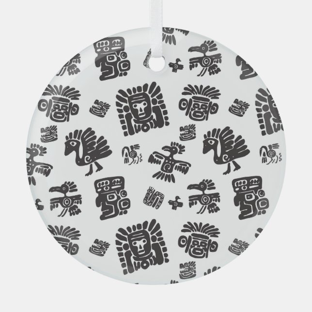 Maya Black White Ethnic Pattern Glass Ornament (Front)