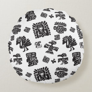 Maya Black White Ethnic Pattern Round Pillow