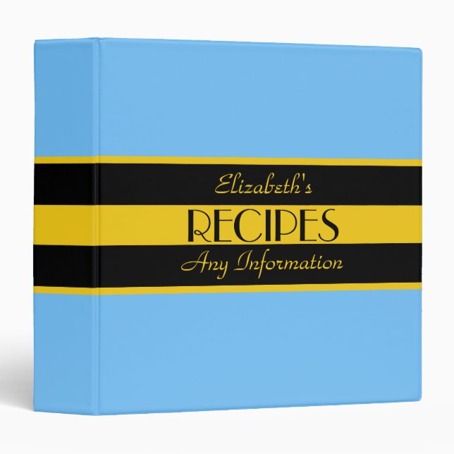 Maya blue Solid Colour Modern Black Recipes Binder (Front/Spine)